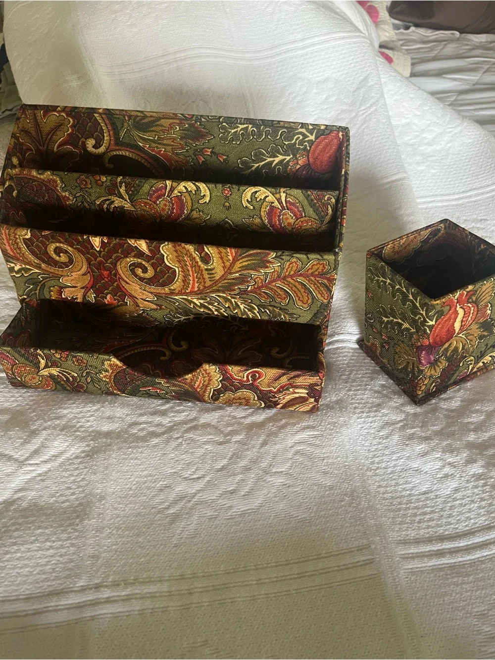 Paisley Pattern Desk Organizer and Pencil Holder in Olive Green